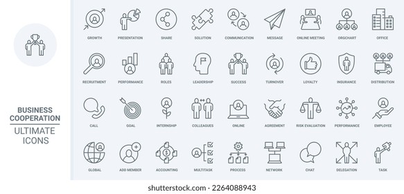 Business cooperation thin line icons set vector illustration. Outline growth of partnership in corporate team, loyalty in communication and teamwork of employees, success recruitment and leadership