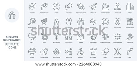 Business cooperation thin line icons set vector illustration. Outline growth of partnership in corporate team, loyalty in communication and teamwork of employees, success recruitment and leadership