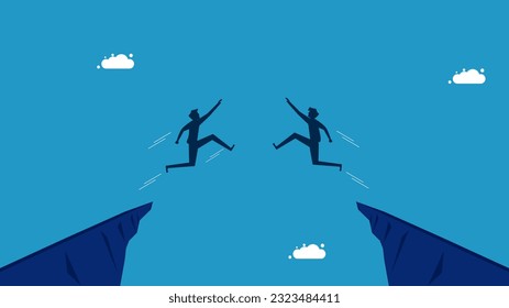 Business cooperation. Two men jumping together