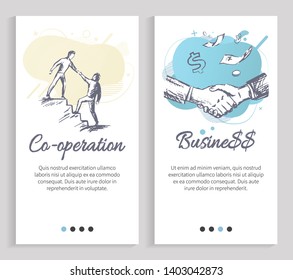 Business and cooperation vector, businessman helping partner, support and development in field, deal handshake of male, dollars and success. Website or slider app, landing page flat style