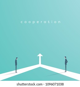 Concepto vectorial de cooperación empresarial con dos hombres de negocios y flecha conectados. Símbolo de trabajo en equipo, colaboración, conexión. Ilustración vectorial Eps10.