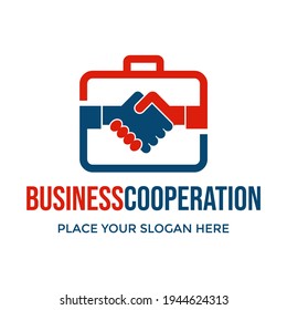 Business cooperation vector logo template. This design use bag and hand shake symbol. Suitable for work.