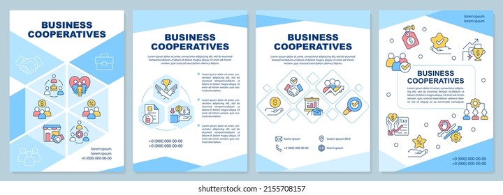 Business cooperatives blue brochure template. Partners alliance. Leaflet design with linear icons. 4 vector layouts for presentation, annual reports. Arial-Black, Myriad Pro-Regular fonts used