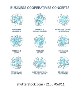 Business cooperatives turquoise concept icons set. ?Cooperative work idea thin line color illustrations. Membership. Isolated symbols. Editable stroke. Roboto-Medium, Myriad Pro-Bold fonts used
