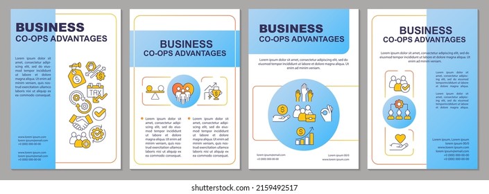 Business co-ops benefits blue brochure template. Members benefits. Leaflet design with linear icons. 4 vector layouts for presentation, annual reports. Arial, Myriad Pro-Regular fonts used
