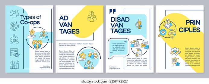 Business co-ops blue and yellow brochure template. Partnership work. Leaflet design with linear icons. 4 vector layouts for presentation, annual reports. Questrial, Lato-Regular fonts used