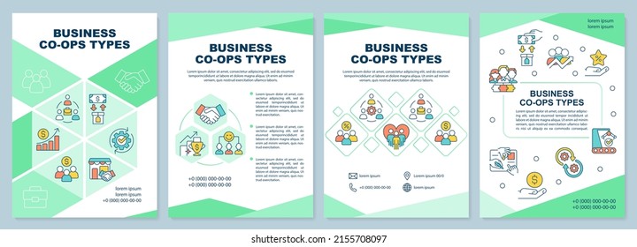 Business co-ops types green brochure template. Corporate partners. Leaflet design with linear icons. 4 vector layouts for presentation, annual reports. Arial-Black, Myriad Pro-Regular fonts used