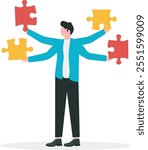 Business coordination skill, ability to work effectively with others, clear communication and adapting to changing circumstance concept, Businessman connecting jigsaw puzzles with many hands.
