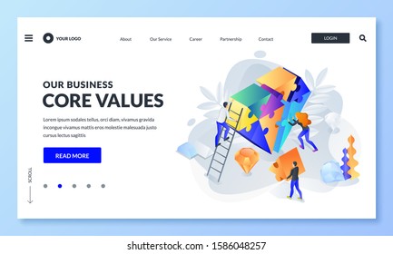 Business core value and company corporate mission concept. Vector 3d isometric illustration. People team assemble diamond shape puzzle. Web landing page, banner design template.