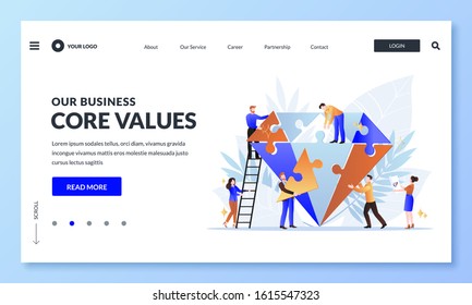 Business core value and company corporate mission concept. Vector flat cartoon illustration for web landing page, banner design template. People team assemble diamond shape puzzle