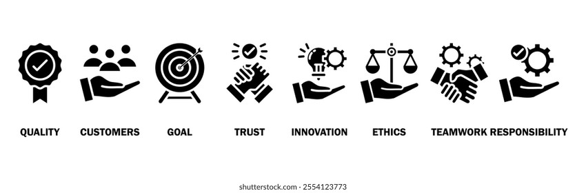 Business core values banner web icon vector illustration concept with icon of quality, customers, goal, trust, innovation, ethics, teamwork, responsibility