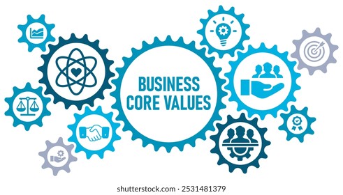 Business core values concept banner website web icons ilustração vetorial com ícones de qualidade, cliente, objetivo, confiança, inovação, ética, trabalho em equipe, responsabilidade, em fundo branco editável