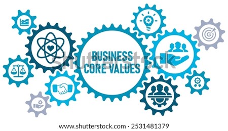 Business core values concept banner website web icons vector illustration with an icons of quality, customer, goal, trust, innovation, ethics, teamwork, responsibility, on white background editable