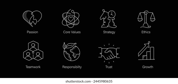 Business Core Values. Corporate values, cultural ethos, ethical standards, guiding principles, organizational culture.Icon Set with Passion, Ethics, Goals, Growth, and More. Editable Stroke.