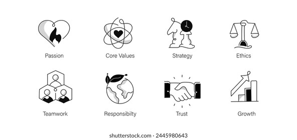 Business Core Values. Corporate values, cultural ethos, ethical standards, guiding principles, organizational culture.Icon Set with Passion, Ethics, Goals, Growth, and More. Editable Stroke.