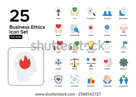 Business Core Values and Corporate Identity. Professionalism, Teamwork, and Success. Vector Illustration. Flat icon set