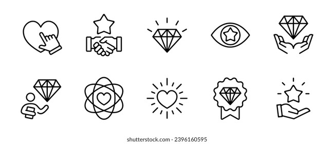 business core values icon set. client management care, love, passion, trust, responsibility, integrity, ethics, empathy, commitment vector outline illustration