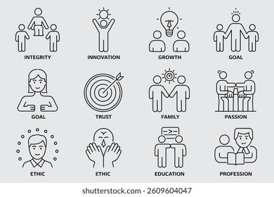 Business Core Values Thin Line Icons Representing Goals Trust And Teamwork