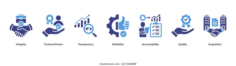 Business Core Values web banner vector illustration featuring Integrity, Trustworthiness, Transparency, Reliability, Accountability, Quality, and Acquisition.