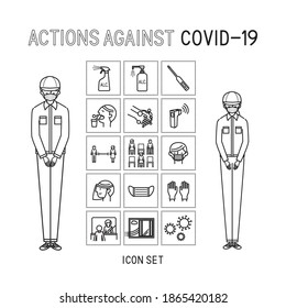 Business: Corona Countermeasure Icon Set 1. Men and women bowing in work clothes (stroke)