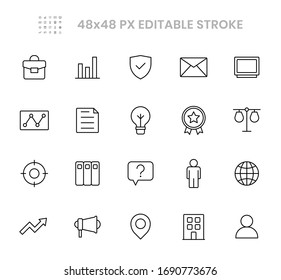 Business and corporate 20 line icons design. Contains such as work bag, chart, thought, target, document, balance, message and more. 48x48 pixel editable stroke. Vector illustration Eps 10.