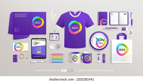 Business Corporate Brand Identity Mockup set with trendy abstract purple graphics design part 2. Office stationary items mockup set  - editable template. Company souvenirs corporate style design