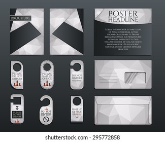 Business corporate branding identity set. Brochure and flyer design template, envelope, stickers in polygonal style concerning to management, consulting theme. Vector illustration