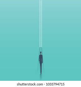 Business corporate career ladder vector concept. Businessman walking towards ladder as symbol of career progress, promotion, ambition, motivation. eps10 vector illustration.
