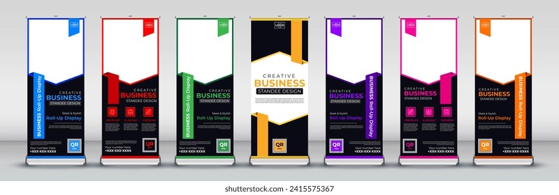 business Corporate conference roll up banner designs for x stand in blue, red, green orange, purple, pink and yellow print ready colors