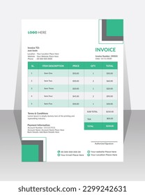Plantilla de factura creativa corporativa de negocios. Factura comercial para su empresa, lista para imprimir 
plantilla de factura. 