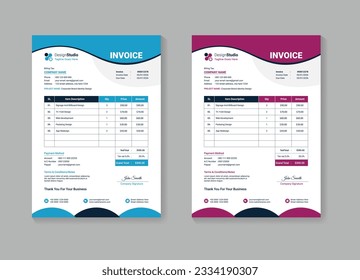 Business corporate creative invoice template,print ready invoice template.Editable Modern Abstract Creative Professional Invoice template with 2 color