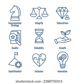 Business with Corporate Ethics Showing Company Values Icon Set