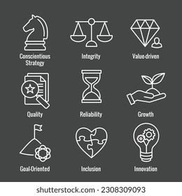 Business with Corporate Ethics Showing Company Values Icon Set