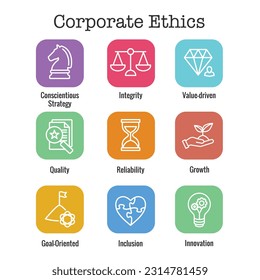 Business with Corporate Ethics Showing Company Values Icon Set