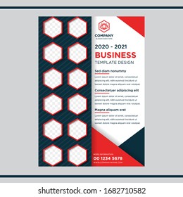 Business Corporate Flyer Template with Hexagonal Pattern for place of photo. red and blue element with white background. 