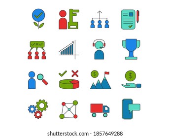 Business and Corporate Grooming Icon Set Vector Templates indicating idea, investment, recruitment, support, achievement, advertizing and others. Colorful Line Style Icon Package