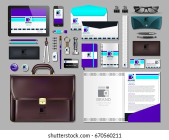 Business corporate identity items set. Vector working articles portofolio, glasses, phone, tablet, maps with brand logos. Work Stuff Stationery 3d realistic collection