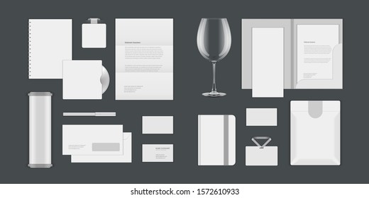 Business corporate identity mock ups template for Logo presentation design elements vector set. Stationery objects business card, blank paper, envelope and other.