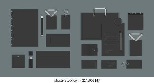 Business corporate identity mock ups template for Logo presentation design elements vector set. Stationery objects business card, blank paper, envelope and other.