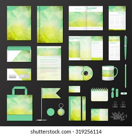 Business corporate identity template Set. Company triangular style. Pen, cd disc, cup, letter, flag, business cards, flash, envelope, book, notebook 