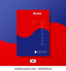 Folleto de plantillas de identidad corporativa para volantes. El informe anual cubre el estilo abstracto sobre el fondo de la bandera de Corea del Sur en tamaño4. Ilustración vectorial.