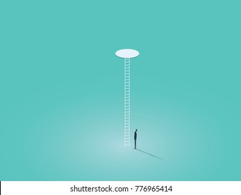 Business Corporate Ladder Vector Concept Symbol With Businessman Climbing On Ladder Through Hole. Symbol Of Success, Hope, Ambition. Eps10 Vector Illustration.