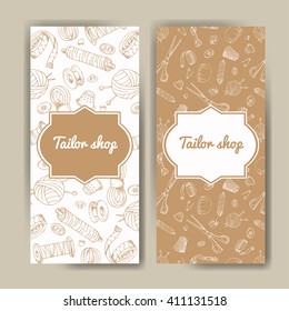Business corporate set with sewing tools. Tailor design shop, hand drawn illustration. Sketch design for sewing studio