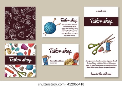 Business corporate set with sewing tools. Tailor design shop, hand drawn illustration. Sketch design for sewing studio