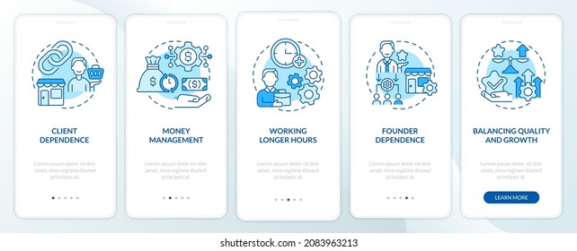 Business corporate structure tips onboarding mobile app page screen. Startup boost walkthrough 5 steps graphic instructions with concepts. UI, UX, GUI vector template with linear color illustrations