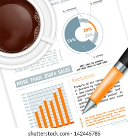 Business and Corporate Work Concept with Report, Pen and Coffee Cup, vector