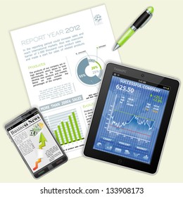 Business and Corporate Work Concept with Tablet PC, Report, Pen and Coffee Cup, vector