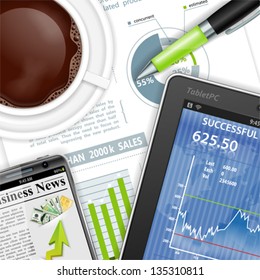 Business and Corporate Work Concept with Tablet PC, Report, Pen and Coffee Cup, vector