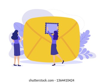 Business correspondence concept illustration. Modern UI flat image of a woman preparing to send mail. Sticking postmark on letter. 