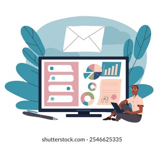 Business correspondence with graphs. Man analyzes charts and diagrams. Email with infographics. Business information and technology. Flat vector illustration isolated on white background